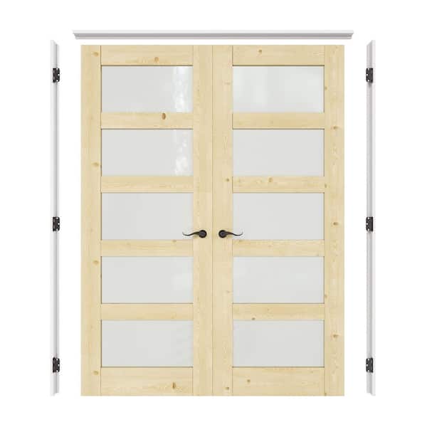 60in. x 80in. 5-Lite Frosted Glass Universal Unfinished Pine Wood Double French Door Kit w/Quick Assemble Jamb w/Lockset