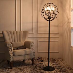 Black Crystal Cage Floor Lamp, 61 in. H 4-light Modern Farmhouse Round Metal Cage Living Room Light with Candle Style