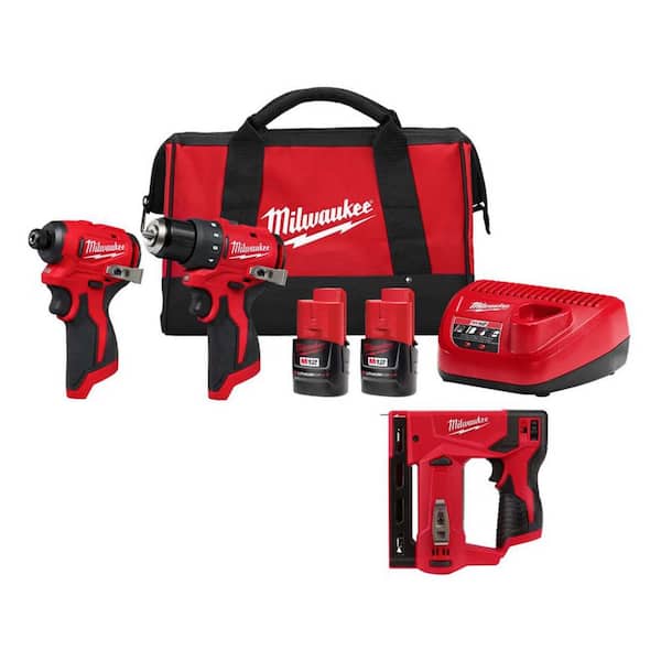 Milwaukee M12 12-Volt Lithium-Ion Cordless 2-Tool Combo Kit with M12 12-Volt Lithium-Ion Cordless 3/8 in. Crown Stapler