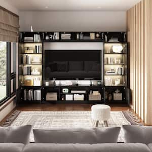 4-Piece Black Wood Entertainment Center TV Console with Door Cabinets, Bookshelves, LED Lights for TVs up to 75 in.