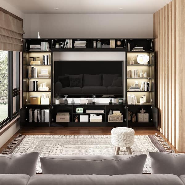 4-Piece Black Wood Entertainment Center TV Console with Door Cabinets, Bookshelves, LED Lights for TVs up to 75 in.