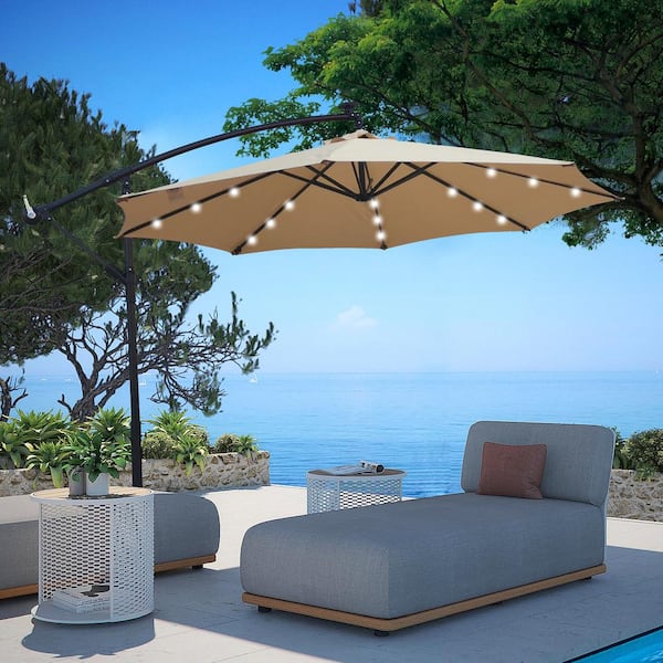SUNRINX 10 ft. Steel Market Solar Tilt Patio Umbrella in Tan with 24 LED Lights