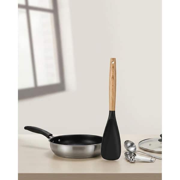 Matte Black and Grey Silicone Cooking Spoon with Wooden Handle for Nonstick Cookware, Heat Resistant, 2 Piece