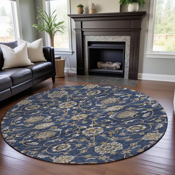 Mayfield Premium Machine Washable Abstract AMF1149 Navy 8 ft. x 8 ft. Round Rug