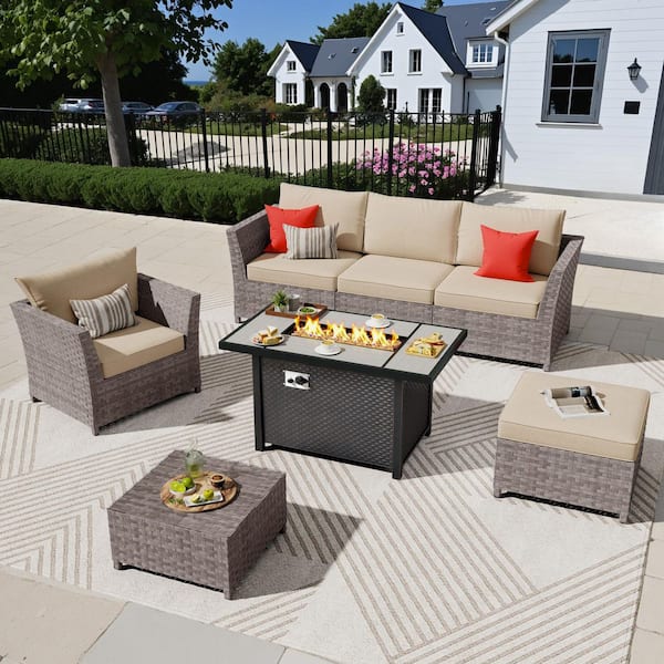 XIZZI Jasmine 7-Piece Wicker Outerdoor Patio Rectangular Fire Pit Set with Beige Cushions
