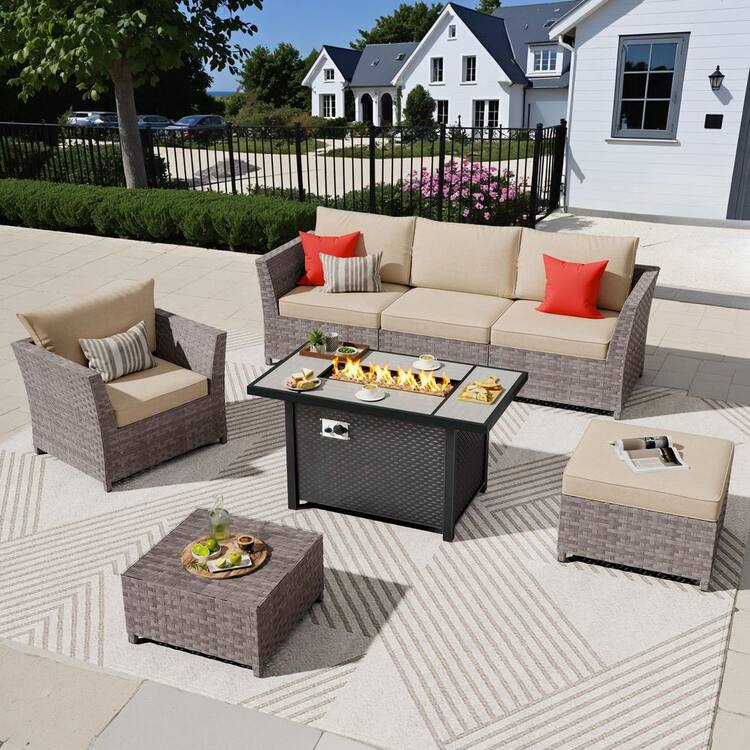 XIZZI Jasmine 7-Piece Wicker Outerdoor Patio Rectangular Fire Pit Set with Beige Cushions