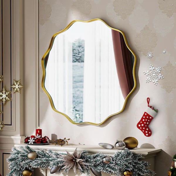 Gold 30.1 in. W x 30.1 in. H Round Wall Vanity Mirror Wavy Deep Metal Framed Mirror