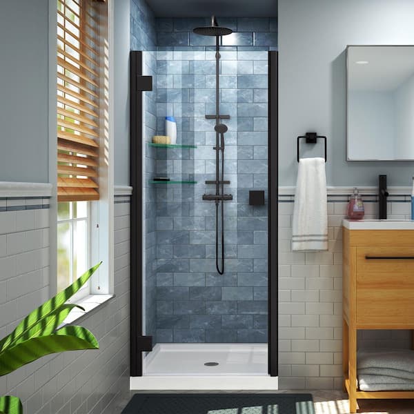 DreamLine Lumen 42 in. x 72 in. Semi-Frameless Hinged Shower Door in Matte Black with 42 in. x 32 in. Base in White