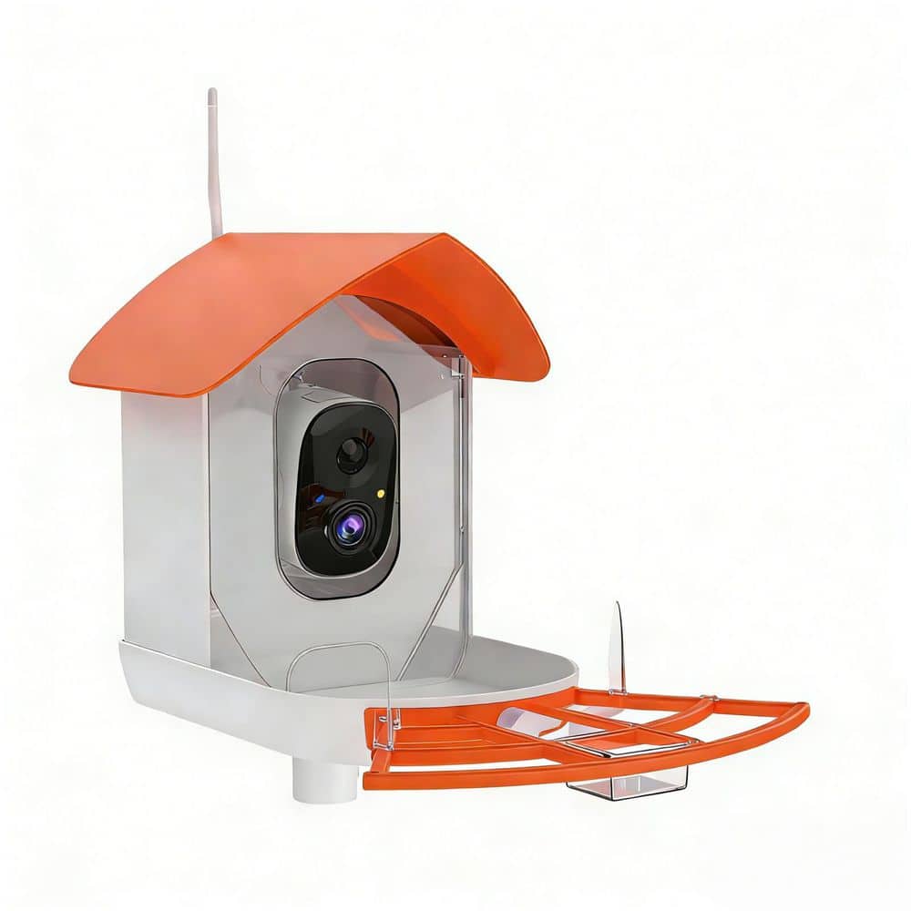 Solar-Powered Plastic Orange Smart Bird Platform Feeder with Camera, AI Bird Recognition, Real-Time Notifications