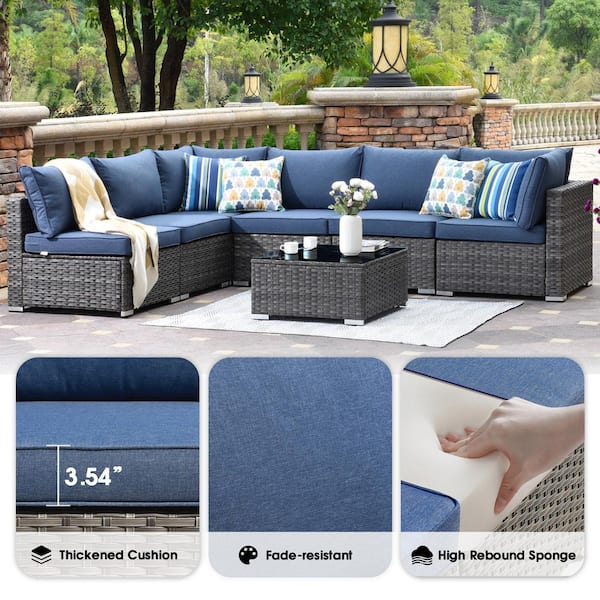 XIZZI Gemini 7-Piece Wicker Outdoor Sectional Set with Denim Blue
