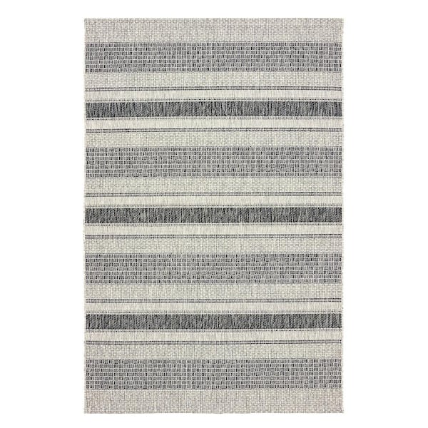 LR Home Silveria Patio Gray/Black 7 ft. 9 in. x 9 ft. 9 in. Modern Distress Striped Indoor/Outdoor Rectangle Area Rug