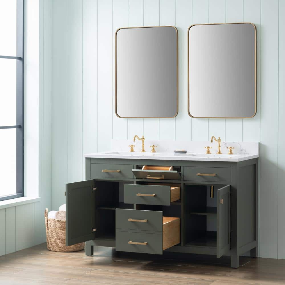 Vintage Green Double Vanity with Carrara White Top and Gold Hardware