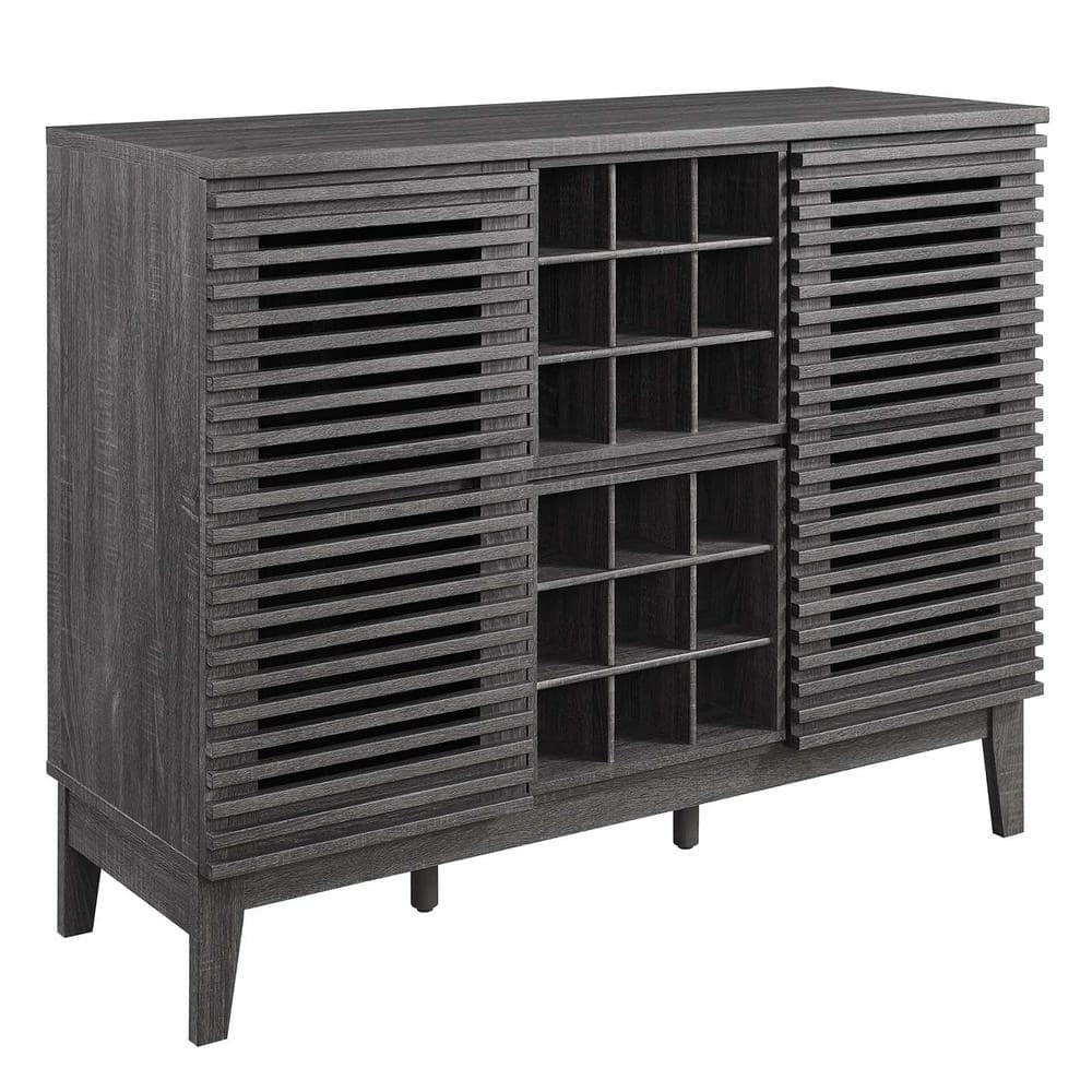 Charcoal Mid-Century Modern Wine Bar Cabinet with Walnut Grain