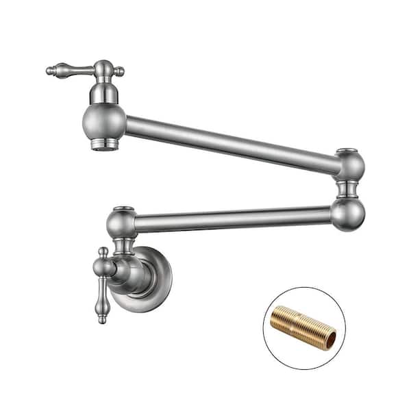 IVIGA Brass Wall Mount Pot Filler with 2-Aerators and Brass Valve, Double Handle Single Hole Kitchen Faucet in Brushed Nickel