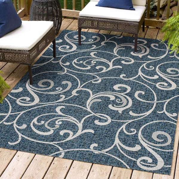 Maribel Traditional Classic All-Over Scroll Navy/Cream 8 ft. x 10 ft. Indoor/Outdoor Area Rug