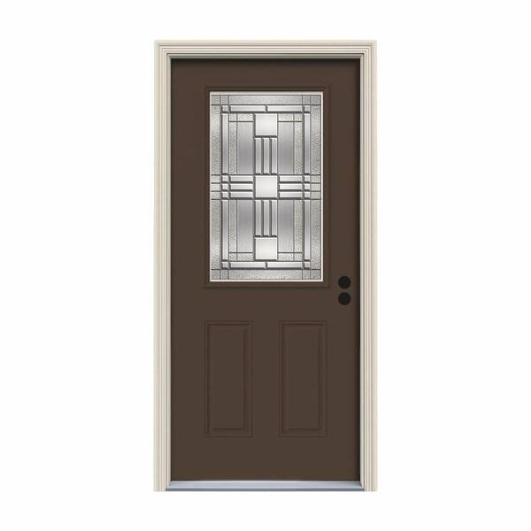 JELD-WEN 36 in. x 80 in. 1/2 Lite Cordova Dark Chocolate Painted Steel Prehung Left-Hand Inswing Front Door w/Brickmould