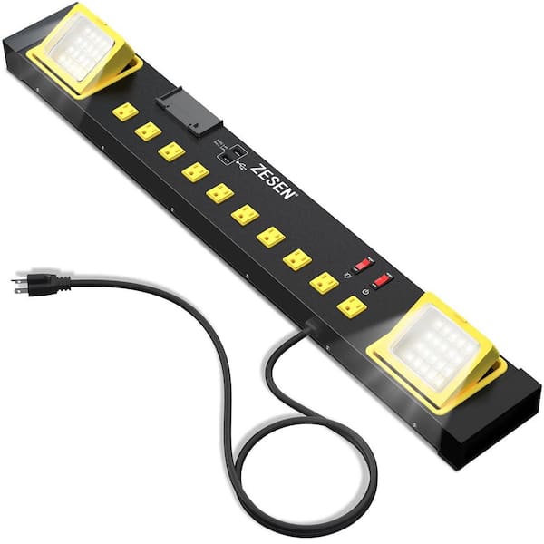 4 ft. 10-Outlet Metal Power Strip with LED Worklight 2-Port USB Charge