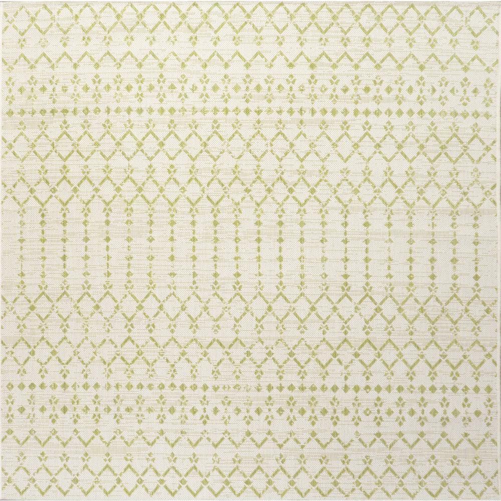 Cream and Green Geometric Synthetic Square Rug