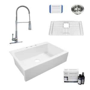 Josephine 34 in. 3-Hole Quick-Fit Farmhouse Apron Front Drop-in Single Bowl White Fireclay Kitchen Sink with Faucet Kit