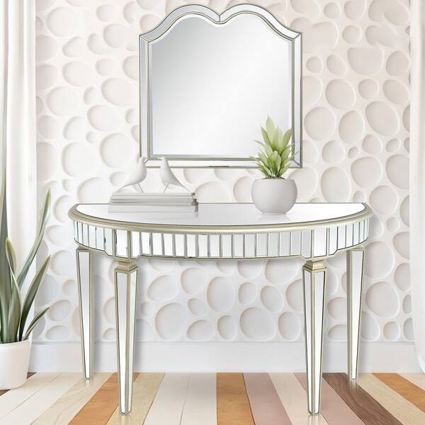 Champagne Half Moon Glass Console Table, Half Moon Console Table With Mirror