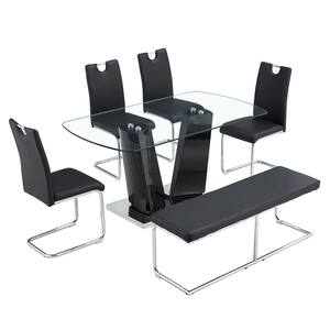 6-Piece Rectangular Tempered Glass Top Dining Table Set Seats 4-6 with 1 Bench, 4 Black Upholstered Chairs