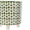 Green and White Footed Stoneware Planter with Abstract Print