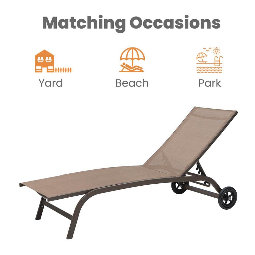 Adjustable Brown Aluminum Outdoor Chaise Lounge with Wheels