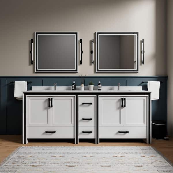Ziva 84 in W x 22 in D White Double Bath Vanity, Cultured Marble Top and 34 in Mirrors