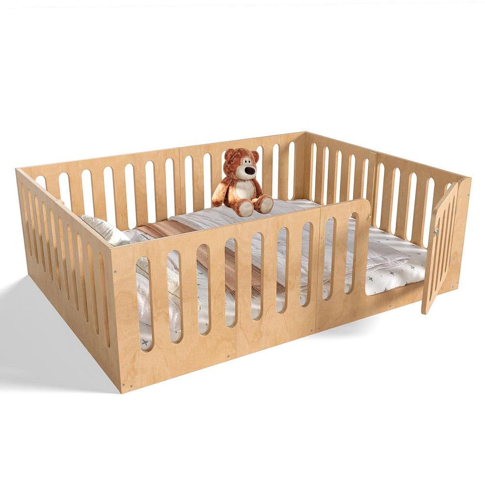 Brown MDF Wood Frame Queen Size Floor Platform Bed with High Fence for Kids