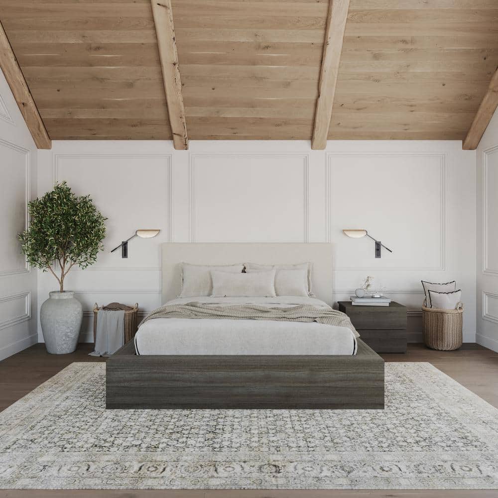 Jane Gray Oak and Off-White Boucle 3-Piece Queen Platform Bedroom Set