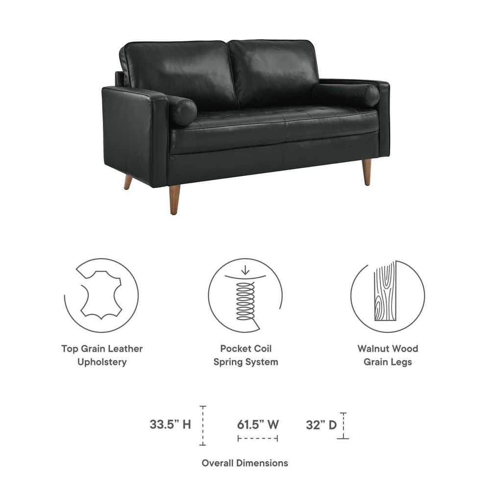 Mid-Century Modern Black Faux Leather Tufted Loveseat with Wood Legs