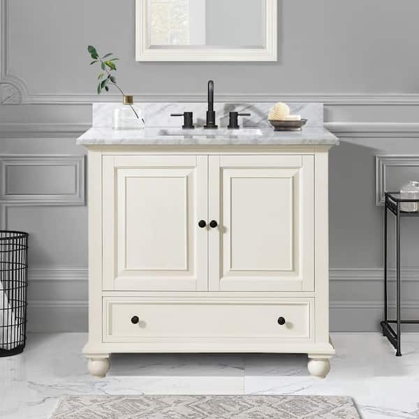 Avanity Thompson 37 in. Single Sink French White Bath Vanity with Carrara White Marble Top