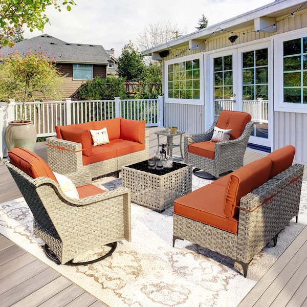 OVIOS Supery Gray 8-Piece Wicker Patio Conversation Set with Orange Red Cushions and Swivel Rocking Chairs