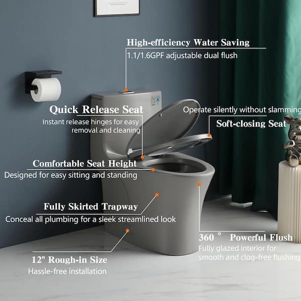 Power Flush One-Piece 1.1/1.6 GPF Dual Flush Elongated 15.1 in in. Toilet in Light Gray, Slow-Close Seat Included