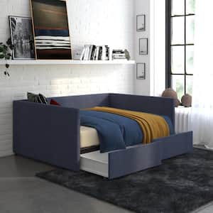Mya Upholstered Full Size Daybed with Storage in Blue Linen