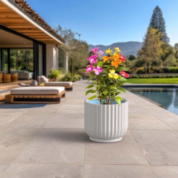 17 in. Large Light Crisp White(Enhanced Interior) Concrete Round Planter / Pot with Drainage Holes
