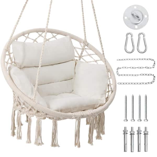 Hammock Hanging Swinging Chair with Medium Cushion, Perfect for Bedroom Porch Balcony Adults, Beige