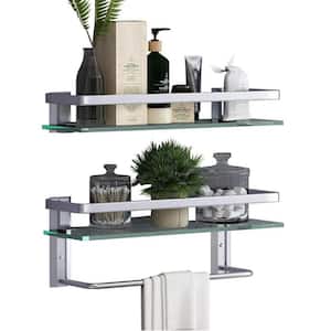 15.7 in. W x 5.85 in. H x 4.88 in. D, Wall Mounted Floating Glass Rectangular Shelves with Towel Holder 2-Tier in Silver