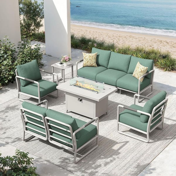 7-Seats Patio Conversation Sofa Set with Oversized Fire Pit Table, White
