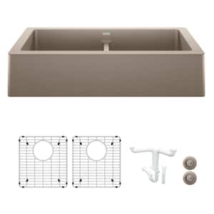 Vintera 33 in. Farmhouse/Apron-Front Double Bowl Truffle Granite Composite Kitchen Sink Kit with Accessories