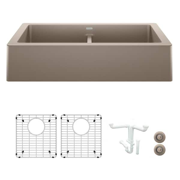 Blanco Vintera 33 in. Farmhouse/Apron-Front Double Bowl Truffle Granite Composite Kitchen Sink Kit with Accessories