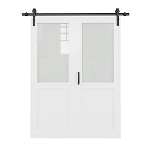 60 in. x 80 in. 1/2 Lite Tempered Frosted Glass White Primed Bifold Sliding Barn Door with Hardware Kit