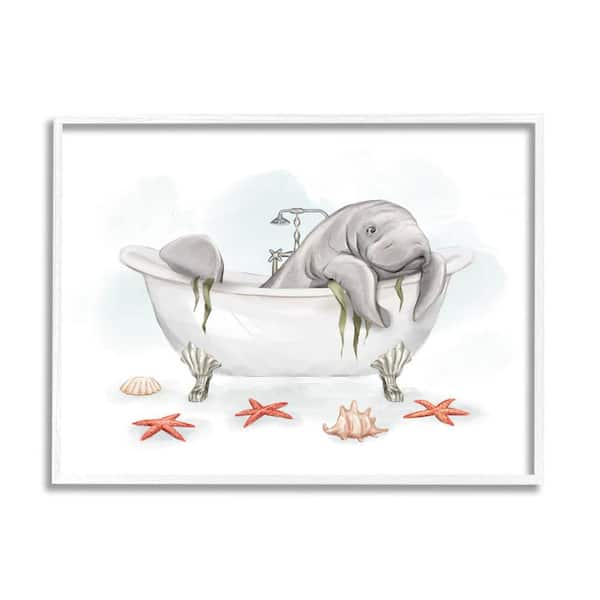 The Stupell Home Decor Collection Manatee Sea Life Swimming Bathtub Bathroom Painting Design By Ziwei Li Framed Typography Art Print 20 in. x 16 in.