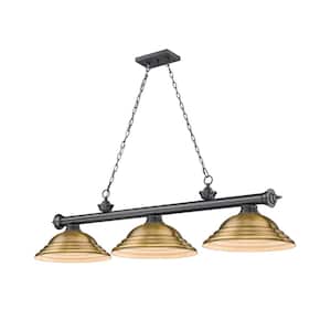 Cordon 3-Light Bronze Plate with Stepped Rubbed Brass Shade Billiard Light with No Bulbs Included