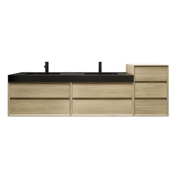 MIA 91 in. W x 20 in. D x 30 in. H Double Sink & Side Cabinet Bath Vanity in Teak Oak with Black Stainless Steel Top