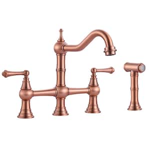 Double Handle Bridge Kitchen Faucet with Side Sprayer in Copper