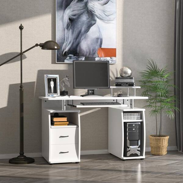 HOMCOM 47.25 in. Rectangular White Wood 2 Drawer Computer Desk with Keyboard Tray 920 011V01WT The Home Depot