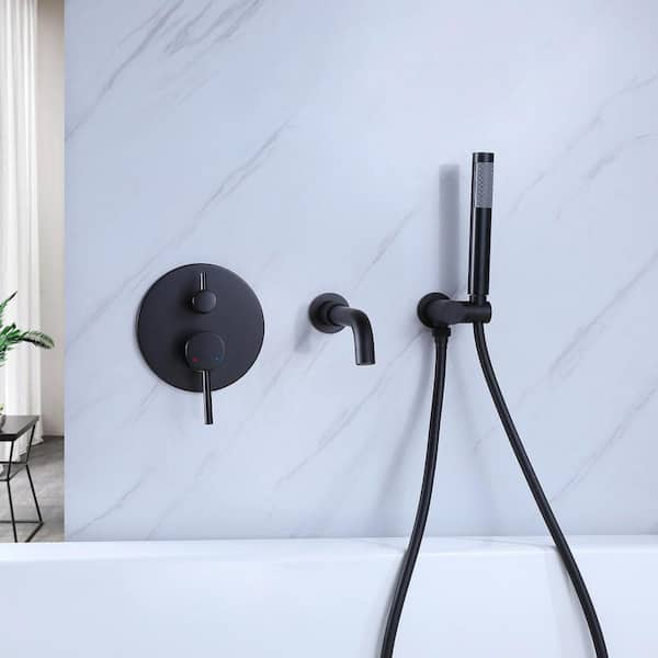 2-Handle 3-Hole Wall Mount Roman Tub Faucet 360° Rotation Tub Faucet with Hand Shower in Matte Black