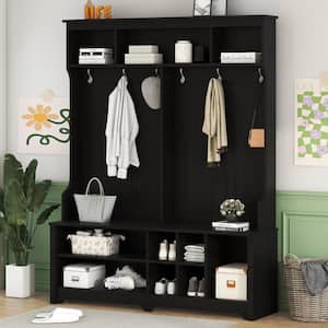 60 in. W x 15.7 in. D x 77.1 in. H Hall Tree Black Linen Cabinet with 6 Metal Hooks and Bench