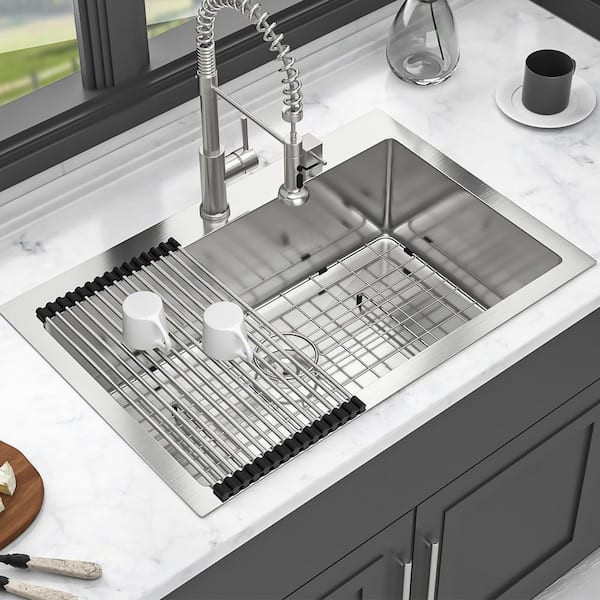 33 in. Drop-in Single Bowl 16 Gauge Brushed Nickel Stainless Steel Kitchen Sink with Bottom Grids